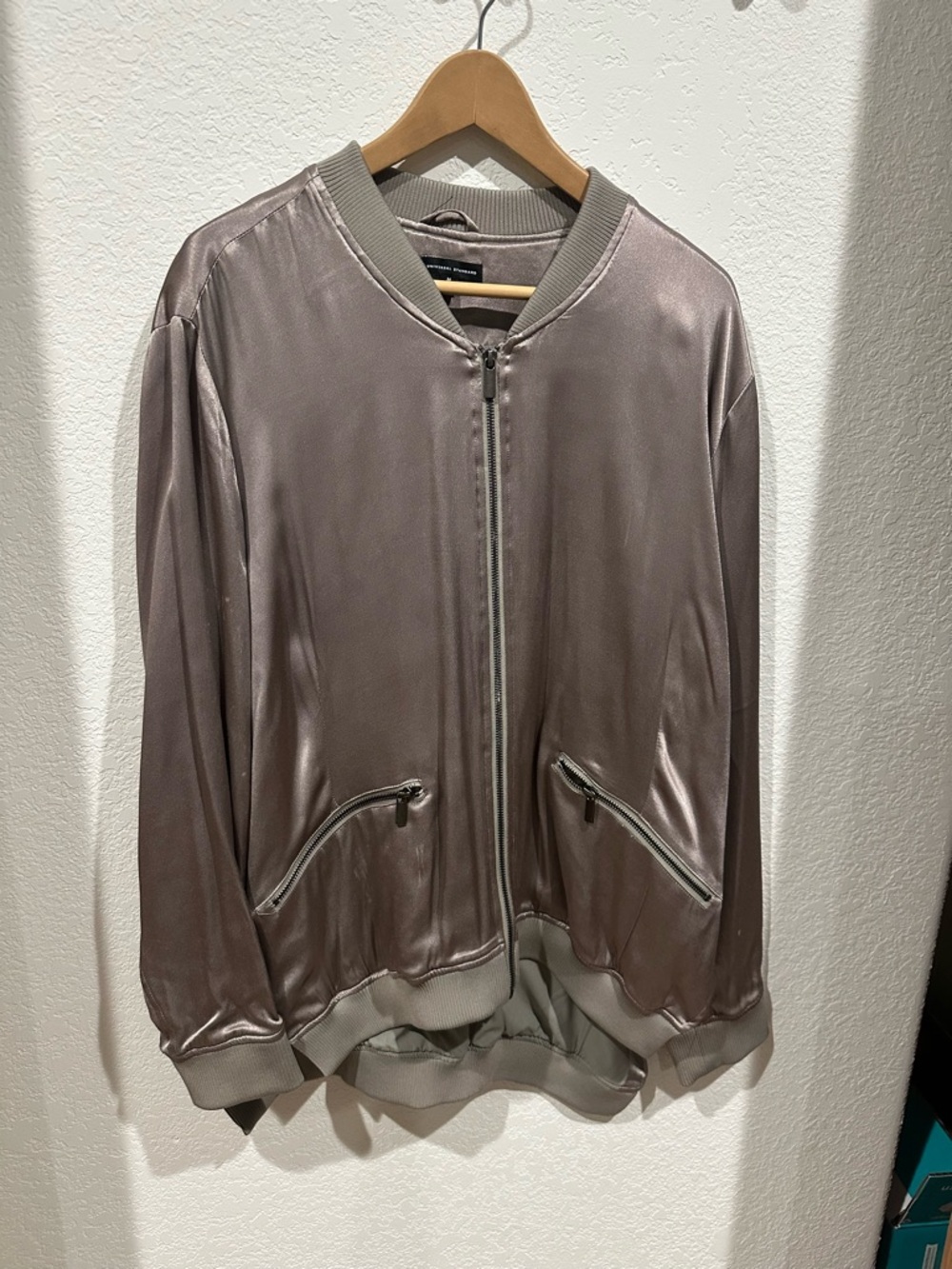Universal Standard Satin Bomber Jacket in Taupe